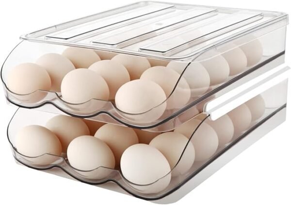 Egg Holder , Automatically Rolling Egg Storage Container for Refrigerator,Large Capacity Organizer for Fridge with Lid,Clear Plastic Egg Dispenser, Tray & Bin -2 Layer