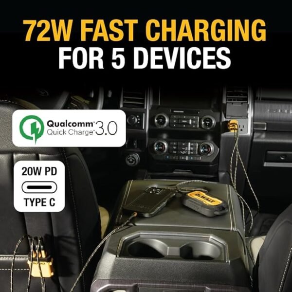 DEWALT 5-Port Front & Back Seat Mobile USB PD Car Charger, 72W Car Charger Adapter, USB Car Charger for Multiple Devices, Cigarette Lighter Adapter USB Charger with Cable for Back Seat Charging - Image 7