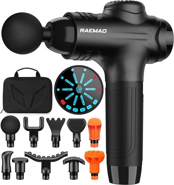 RAEMAO Massage Gun, Handheld Electric Deep Tissue Back Massager for Athletes for Pain Relief Attaching 10 Replacement Heads, Percussion Massager with 10 Speeds, Black