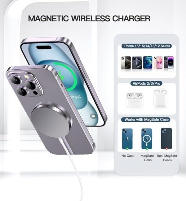 Magnetic Wireless Charger 15W Fast Mag Safe Charger for Cell Phone 16 Pro Max/16 Pro/16 Plus/16/15/14/13/12 Series 2 Pack Charging Pad for AirPods 3/2/Pro 2/Pro Mag-Safe Original Replacement - Image 4