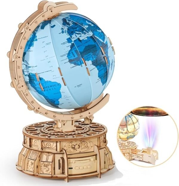 3D Wooden Puzzles for Adults Illuminated Globe with Stand 188pcs 3D Puzzles Model Kit Built-in LED Music Box Stem Toys Gifts for Adults/Teens