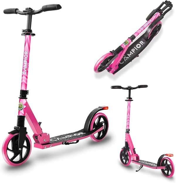 Kick Scooter for Ages 6+, for Kids, Teens, and Adults, Max Load 240 LBS, Foldable, 8-inch Big Wheels for Kids and Adults, with Kickstand, 3 Adjustable Levels, Child Safety Approved, Pink