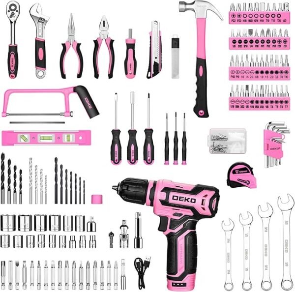 Pink Tool Kit Box Drill Set：DEKOPRO Home Mechanic Toolbox with 12V Power Cordless Drill Hand Repair Tools Sets Combo Kits Storage Organizer Drawer Case for Men & Women - Image 4