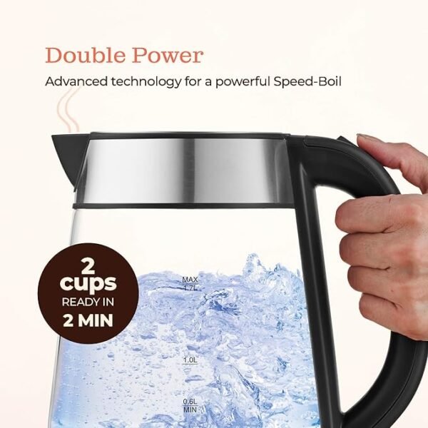 Speed-Boil Electric Kettle For Coffee & Tea - 1.7L Water Boiler 1500W, Borosilicate Glass, Easy Clean Wide Opening, Auto Shut-Off, Cool Touch Handle, LED Light. 360° Rotation, Boil Dry Protection - Image 2