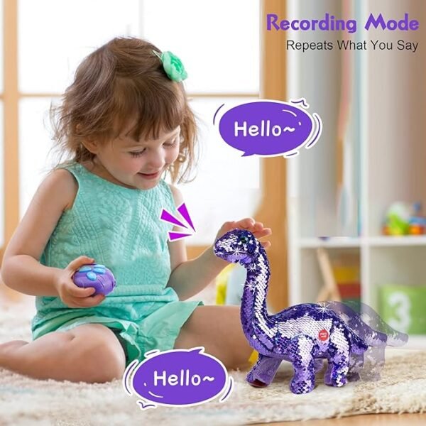 Koonie Dinosaur Toys for Girls, 2 Year Old Girl Toys, Purple Dinosaur Remote Control Reversible Sequins Dinosaur Toy Can Repeat Walk Roar Sing, Christmas Birthday Gifts for 2-7 Years Old Kids Toddlers - Image 3