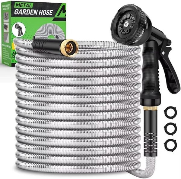 Garden Hose 50ft, Heavy Duty Stainless Steel Water Hose with 10 Functional Nozzles, No Kink, Lightweight and Flexible, Easy to Use and Store, Strong and Sturdy, Suitable for Yard and Lawn