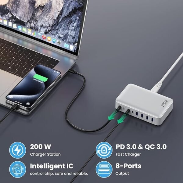 USB C Charger 200W USB C Charger Block,Upgraded GaN III 8-Port Fast Charging Station Hub,PD 65W Laptop Charger Adapter Compatible with MacBook Pro/Air,DELL,Steam Deck,iPhone 16/15/14,Galaxy S23/22 etc - Image 5