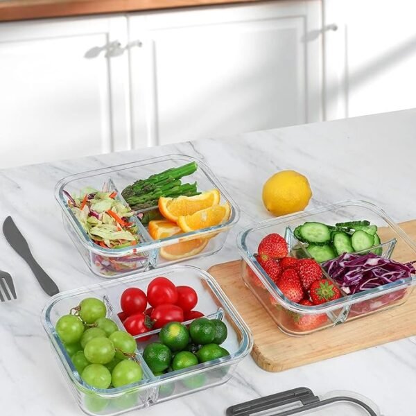 M MCIRCO [5-Pack, 36 oz] Glass Meal Prep Containers 3 Compartment with Lids, Glass Lunch Containers,Food Prep Lunch Box,Bento Box,Microwave, Oven, Freezer, Dishwasher (4.5 Cups) - Image 3