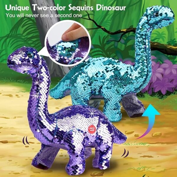 Koonie Dinosaur Toys for Girls, 2 Year Old Girl Toys, Purple Dinosaur Remote Control Reversible Sequins Dinosaur Toy Can Repeat Walk Roar Sing, Christmas Birthday Gifts for 2-7 Years Old Kids Toddlers - Image 5