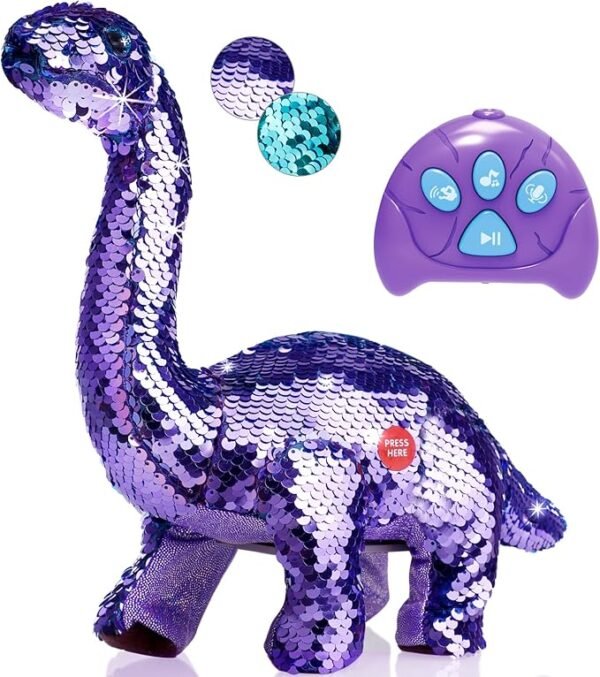 Koonie Dinosaur Toys for Girls, 2 Year Old Girl Toys, Purple Dinosaur Remote Control Reversible Sequins Dinosaur Toy Can Repeat Walk Roar Sing, Christmas Birthday Gifts for 2-7 Years Old Kids Toddlers