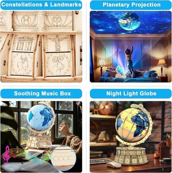 3D Wooden Puzzles for Adults Illuminated Globe with Stand 188pcs 3D Puzzles Model Kit Built-in LED Music Box Stem Toys Gifts for Adults/Teens - Image 6