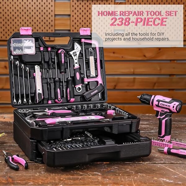 Pink Tool Kit Box Drill Set：DEKOPRO Home Mechanic Toolbox with 12V Power Cordless Drill Hand Repair Tools Sets Combo Kits Storage Organizer Drawer Case for Men & Women - Image 3