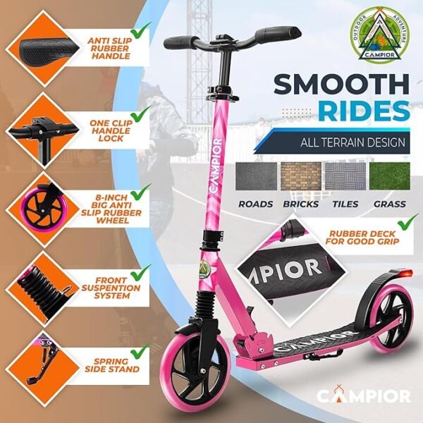 Kick Scooter for Ages 6+, for Kids, Teens, and Adults, Max Load 240 LBS, Foldable, 8-inch Big Wheels for Kids and Adults, with Kickstand, 3 Adjustable Levels, Child Safety Approved, Pink - Image 2