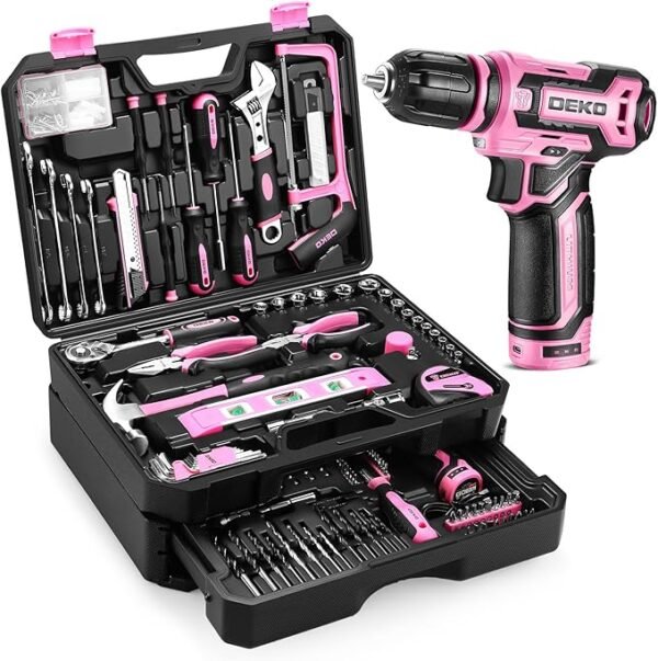 Pink Tool Kit Box Drill Set：DEKOPRO Home Mechanic Toolbox with 12V Power Cordless Drill Hand Repair Tools Sets Combo Kits Storage Organizer Drawer Case for Men & Women