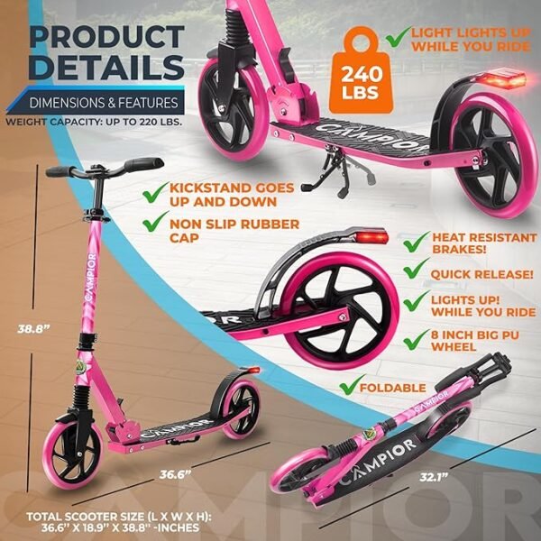 Kick Scooter for Ages 6+, for Kids, Teens, and Adults, Max Load 240 LBS, Foldable, 8-inch Big Wheels for Kids and Adults, with Kickstand, 3 Adjustable Levels, Child Safety Approved, Pink - Image 7