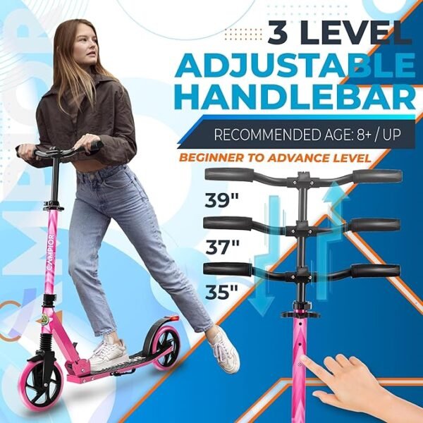 Kick Scooter for Ages 6+, for Kids, Teens, and Adults, Max Load 240 LBS, Foldable, 8-inch Big Wheels for Kids and Adults, with Kickstand, 3 Adjustable Levels, Child Safety Approved, Pink - Image 4