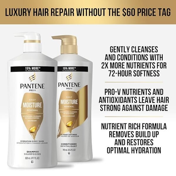 Pantene Shampoo & Conditioner Set, Daily Moisture Renewal with Pro-V Nutrients for Dry, Color-Treated Hair, Long-Lasting Hydration & Nourishment, 27.7 Fl Oz Each, 2-Pack + Miracle Rescue Shot (0.5 Oz - Image 4